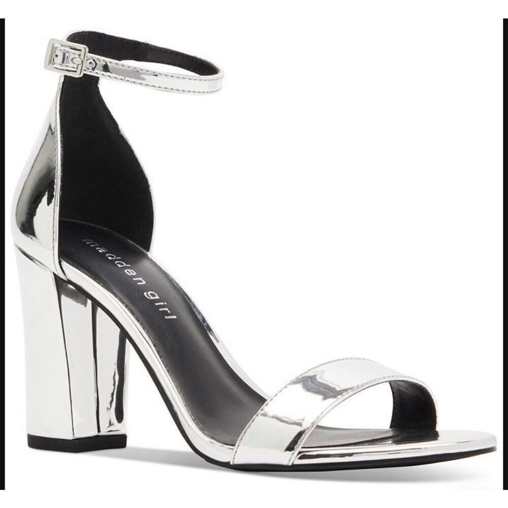 Madden Girl Beela Block Heel Ankle Strap Dress Sandals Silver Metallic 8.5